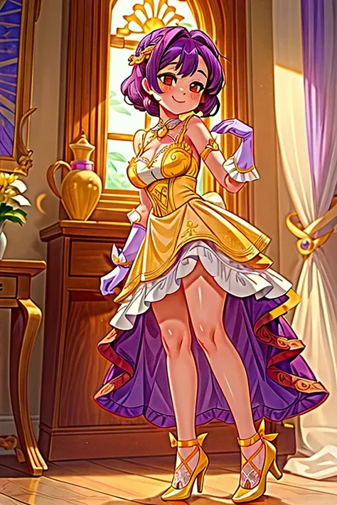 (Masterpiece, best quality), 1 girl, purple hair, orange eyes, standing indoors with intricate details and sunlight, white frilled dress with short neckline, yellow heels, lilac gloves, sexy pose, smile, beautiful legs, mature body, gorgeous, pronounced br...