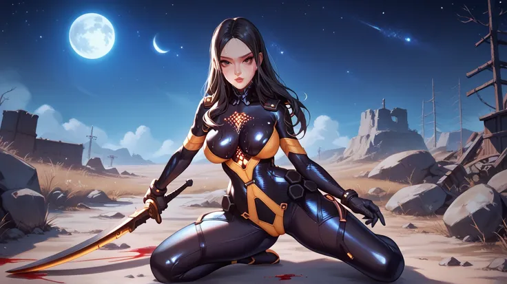 Sexy Tachy de Stella Blade, UHD,   big breasts,  long hair,  very black hair ,  black eyes,  Moon under the left eye, very tight black suit, in a wasteland, sweating, In the background a very starry night sky, With a great sword of light, pose sexy, full b...