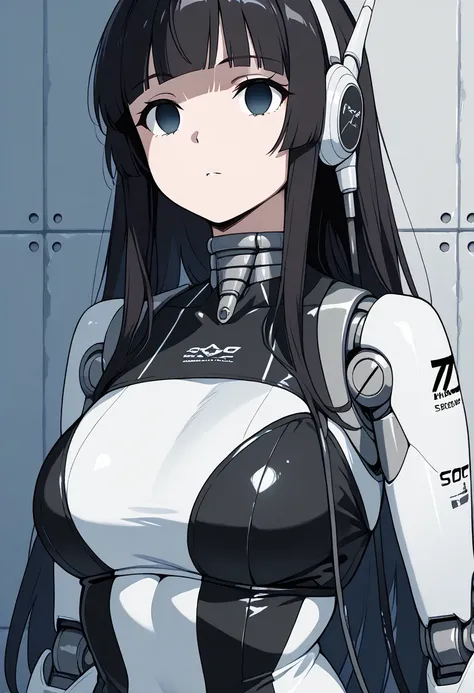 masterpiece, best quality, extremely detailed,portrait,front view,Japaese android girl,Plump,race queen costume, control panels,android,Droid,Mechanical Hand, Robot arms and legs,Blunt bangs,long tube,thick cable connected her neck,broken body,empty eyes