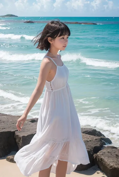 On a summer afternoon, a  girl in a summer dress is at the edge of the waves and looks at the ocean in the distance。Short hair and clothes swaying in the wind 。White sand beach like Okinawa 