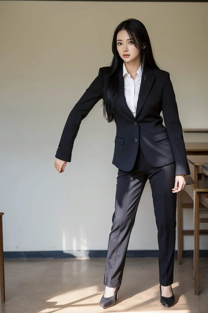  high resolution,   1 female, solo,   A head-to-toe view , Front , upright, 28 years old, teacher,   long hair,    black hair,   realistic skin texture , Black suit and trousers ,  school classroom,   realism ,