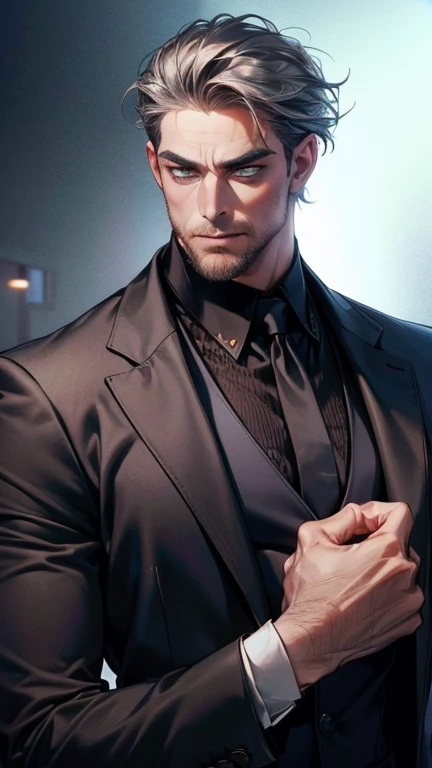 (     best quality,4K,8k,     highres,     masterpiece :1.2),     ultra-detailed     ,(realistic,photorealistic,photo-realistic:1.37),36-year-old man,3 day beard,Beautiful anime,Portraits,strong,Masculine,   with dark gray hair  ,sharp jaw,         mesmeri...