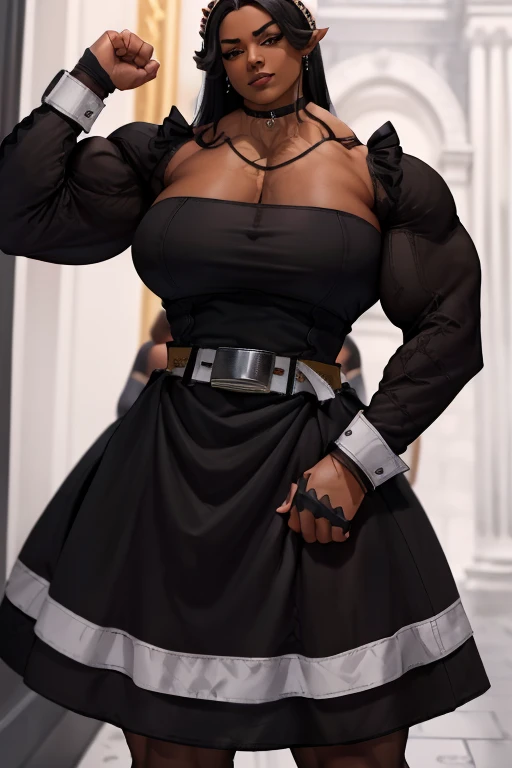 (Close-up), tall, (black hair) beautiful muscular woman, long hair, brown skin, closed smile, (large breast), (black lipstick), (massive muscles), (hyper muscle), ((ginormous bulky muscles)), orange eyes, (((((long sleeve maid dress with belt))))), (finger...