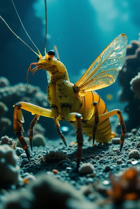 (Mantis shrimp  + vespa)
Pose:  Standing at the bottom of the sea ,  with their front legs raised in an attack position ,  transmitting an aggressive posture ,  while the sting on the tail curves in readiness .
physical:  an elongated and segmented body li...