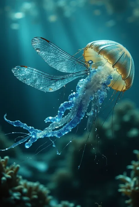 ( jelly-like  + Dragon-fly)
Pose:  Floating gently near the surface of the water , , their wings flapping slowly while the tentacles move gracefully with the current.
physical:  The translucent, gelatinous body of a jellyfish ,  exhibiting iridescent refle...