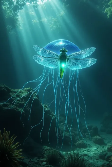 ( jelly-like  + Dragon-fly)
Pose:  Floating gently near the surface of the water , , their wings flapping slowly while the tentacles move gracefully with the current.
physical:  The translucent, gelatinous body of a jellyfish ,  exhibiting iridescent refle...