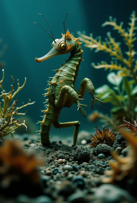 (Seahorse + mantis)
Pose: Standing vertically ,  camouflaged among algae ,  with serrated front legs raised ,  ready to grab prey .
physical:  A curved and slender body like that of a seahorse ,  decorated with green and gold details , and sharp front legs...