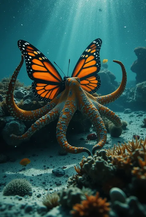 (dust + Monarch Butterfly )
Pose:  floating gracefully ,  their scattered tentacles in the shape of a fan ,  as the wings flap gently on the water .
physical:  soft, malleable octopus body , covered by vibrant patterns in shades of orange ,  only,  similar...