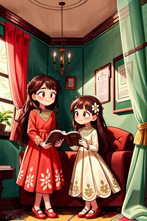 Masterpiece, best quality) 2 girls sisters brown long hair, floral long formal dress, , indoors, reading a book, full body, smilling