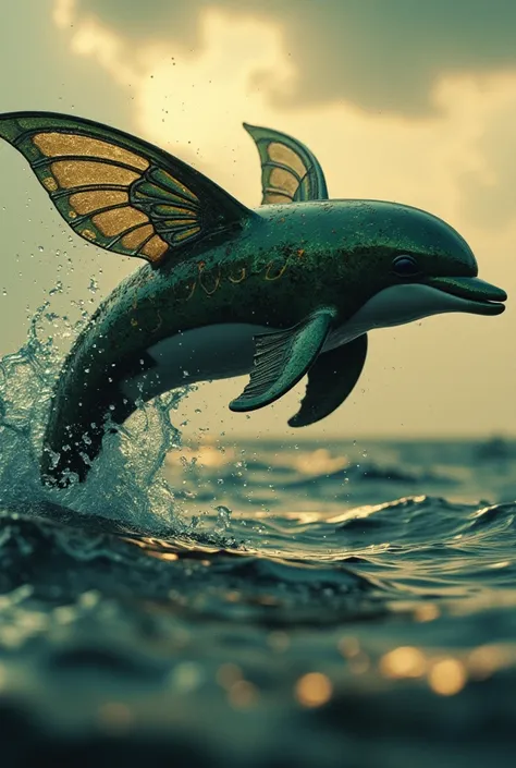 (Roaz Dolphin  + cicada)
Pose:  Jumping above the water ,  wings with short wings open and a strident sound echoing through the environment.
physical:  An aerodynamic and elegant dolphin body , complemented by small, segmented ,  with green and gold patter...