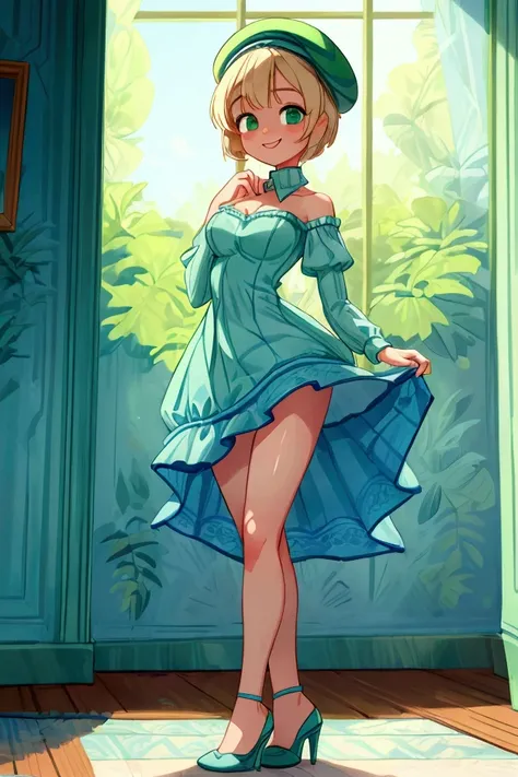 (masterpiece, best quality) 1 girl (Landscape: standing, indoor, intricate detail, sunlight) (Outfit: blue and green frilly striped dress with short neckline, high heels, beret) (Body: white blonde short hair, green eyes,  gorgeous body, gorgeous legs, lov...