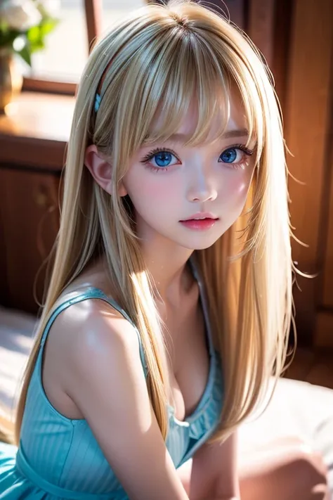 16歳のとても綺麗な輝く艶のある明るい blondeの美少女、 cute,Crazy for love, Face focus , Frilled Summer Dress, 北欧の明るい白人 blondeの女の子, 超長い明るく輝く超長い blonde、 low contrast,  having cleavage ,   hair scrunchies ,   Best Quality ,  super high resolution,  Realistic Pictures,  more detail...