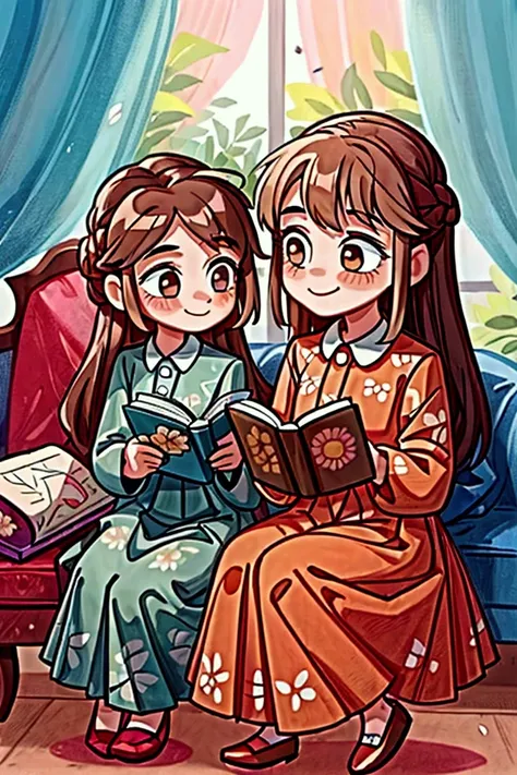 Masterpiece, best quality) 2 girls sisters brown long hair, floral long formal dress, , indoors, reading a book, full body, smilling