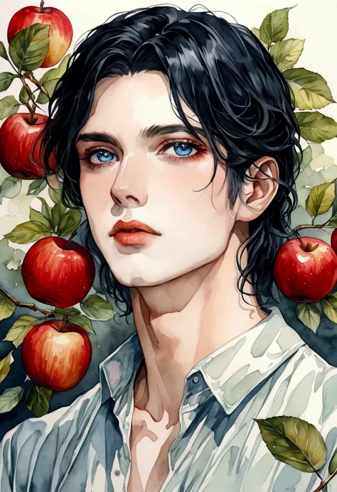  Painting with dark tones and watercolor. man,  blue eyes with long eyelashes , Muller black hair , tall apples ,  pale skin,  Full Lips, beautiful attractive, Delicate. There are no expression lines, Young, has no beard