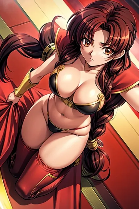  、G-Cup、    Twin Roll Hair Red、Big Breasts、 long black hair、 sexy female game characters、 sexy female game characters、They are wearing sexy gold armor 、perfection、 Closeup、 anime style、 full body shot