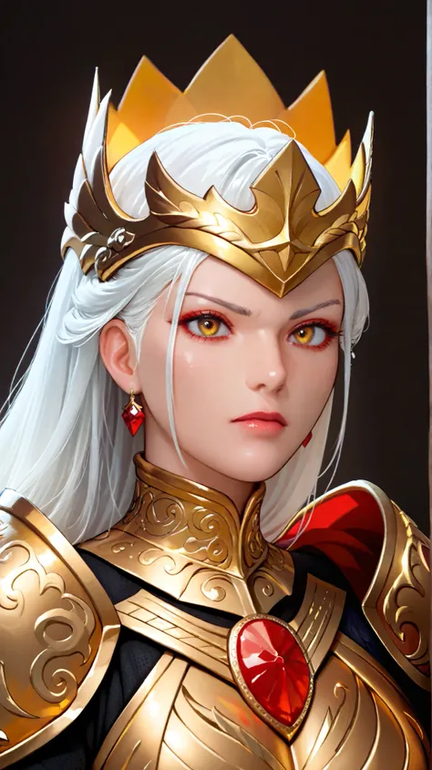 Create a fiery woman, very tall, white hair, yellow eyes, very beautiful with a body sculpture, wearing golden armor, wearing a golden crown with red stones, she is fighting an enemy in black armor and with a pot head