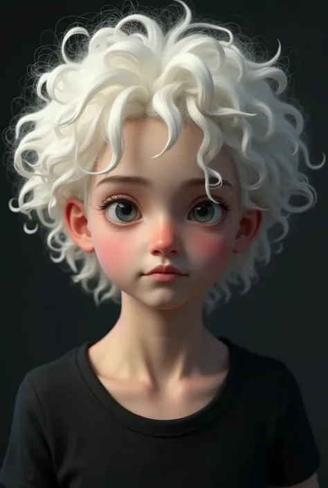  a young adult man with albinism,  an oval-shaped face ,  with an indifferent expression ,  and with medium-long curly hair ,  wearing a black shirt.  ultra realistic image , 8k 3d image , 4K quality,  better color quality , Albino boy,  curly hair type 3A...