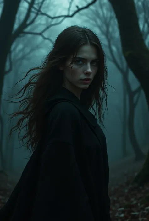 chica, beautiful, 19 years old,  brown hair, lost in a forest at night with a frightened face wearing a black robe (Show the image a little lower than the shoulders)