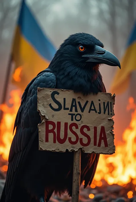 draw me a crow holding a sing saying „Slava Rosiji” and in the backgorund out burning ukrainian flags