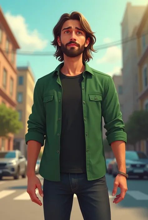 A 24-year-old young man with a clean beard, long hair, a green shirt, a black T-shirt inside, and the buttons of the green shirt unbuttoned. His pants are black jeans and his feet are Loafer shoes.
 A street scene in the city where there is bidding all aro...