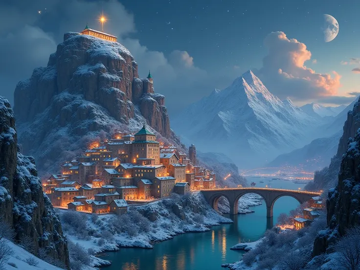  Velaris ,  a magical city on a winter night ,  seen in a majestic setting full of details . in the center,  a large flat-topped mountain covered with snow ,  with warm lights emanating from small windows carved in the rock ,  highlighting the House of the...