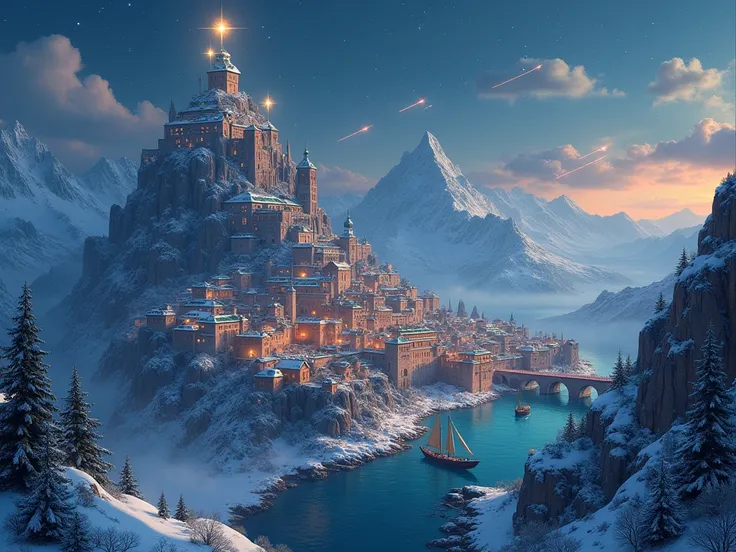  Velaris ,  a magical city on a winter night ,  seen in a majestic setting full of details . in the center,  a large flat-topped mountain covered with snow ,  with warm lights emanating from small windows carved in the rock ,  highlighting the House of the...