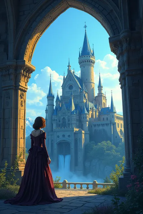 Comic Book Style
a shimmering blue , bright with medieval details 
The castle is located in a futuristic space kingdom
The yellowed skies illuminate the beautiful day
A villainous princess with short brown hair at the castle window