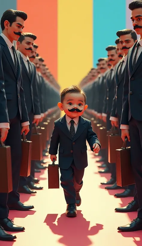 A baby on a catwalk surrounded by people wearing the Señor Barriga outfit, including a suit, tie and fake mustache, holding a briefcase