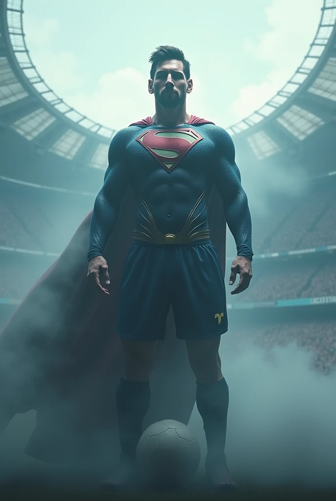 Messi with the body of Superman and the logo of an m floating in a soccer stadium with fog around it 