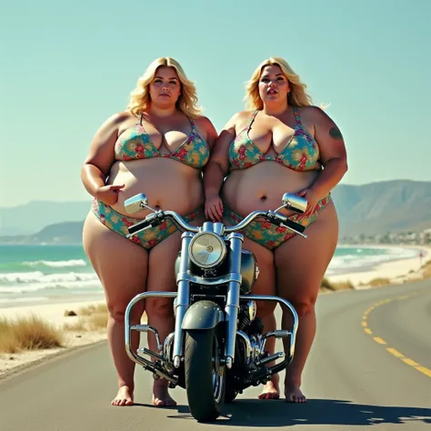 Two plus size model women look like Tess Holliday and have a lot of fat on their stomachs and butts and weigh 600lb, they ride together on a motorbike along a beachside road, squashing the seat, they have become very fat from eating too much, they are wear...