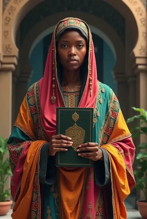 A black person wearing a Colourful jilbab And holding a Quran with a good background