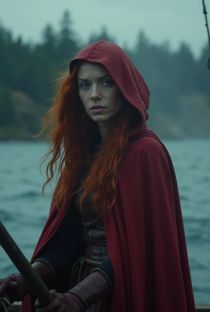 there is a redhead woman, wearing a red cape with hood Iconic Ultra realistic photography, low angle shot of two viking drakkars in a medieval fantasy movie, they are sailing on sea, windy and rainy day, there is a lot of mist around her, twilight atmosphe...