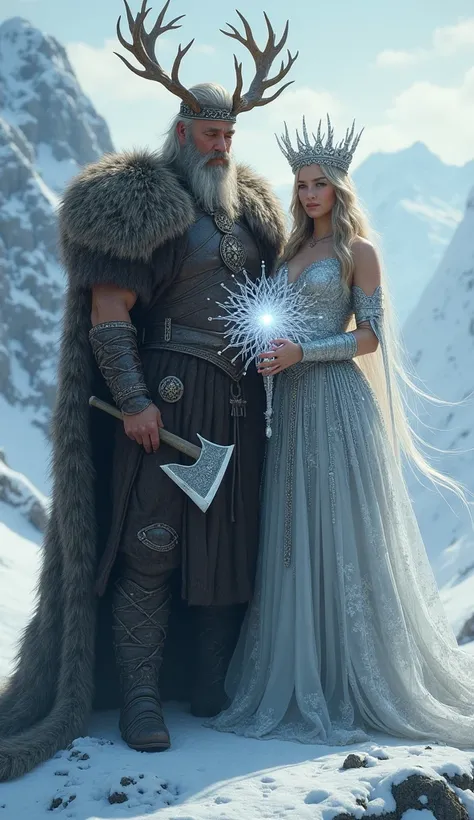 A Viking king in fur-lined armor with a crown of antlers, holding an axe. A queen in a silver gown with a snowflake pattern and a glowing staff.