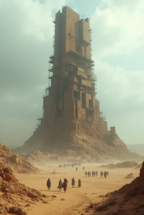 A view of the unfinished Tower of Babel, with a monumental structure that rises but abruptly ends, broken scaffolding and abandoned tools are all around as small groups of people disperse across the desert; its is cloudy and conveys a melancholic tone, rea...