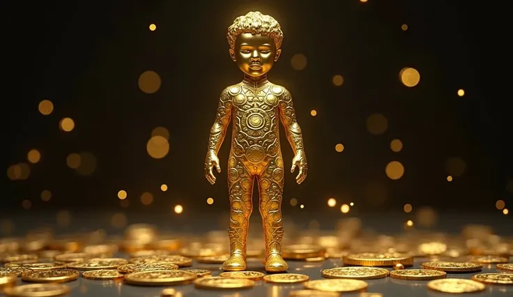 Create an image of a mud boy,  it is metallic and gold,  as if it were made of gold , about several well-detailed gold coins,  with a black background, dark, With divine lights in the background .