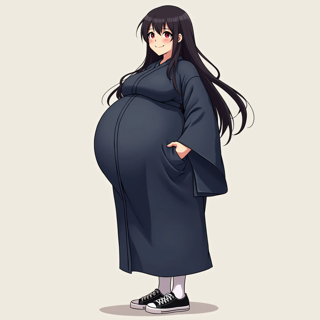 anime girl, long hair, big pregnant girl, dark red eyes, anime style, smile, dark blue long kimono, white tights,black sneakers, dark black hair, big pregnant belly, big hyper-pregnant belly, big pregnant belly girl, He stands tall