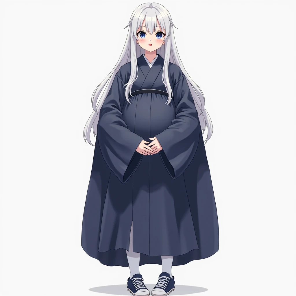 anime girl, long hair, big pregnant girl, dark blue eyes, anime style, smile, dark blue long kimono, white tights,dark blue sneakers, white hair, big pregnant belly, big hyper-pregnant belly, big pregnant belly girl, He stands tall