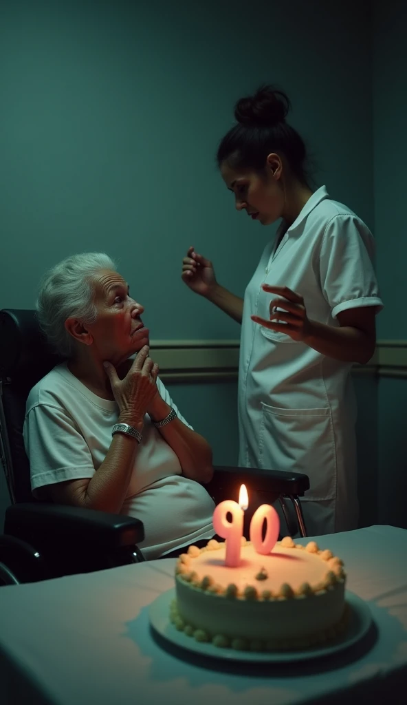 A dimly lit hospital room with a tense and unsettling atmosphere. At the center, a 90-year-old Latina woman sits upright in a wheelchair, her posture clearly vertical, emphasizing her fragility. Her deeply wrinkled face shows pain, with tears streaming dow...