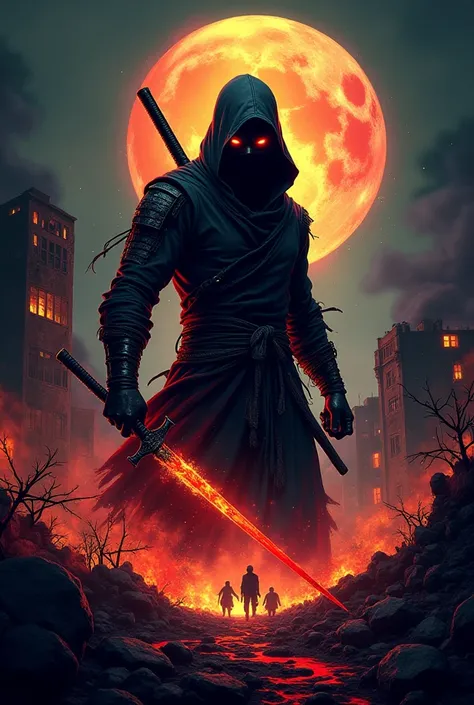 

"Create an intense and edgy T-shirt design featuring a sinister ninja as the main focus. The ninja should have an evil aura, with glowing red eyes and a shadowy, menacing stance, holding a katana dripping with fiery energy. In the background, depict a ch...