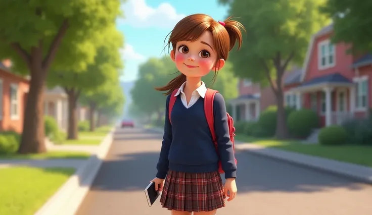 Here’s the prompt for your Pixar-style character design:

"A Pixar-style illustration of a 14-year-old girl named Karen walking home from school. She has light brown hair tied in a neat ponytail, wearing a casual school uniform with a plaid skirt, white bl...