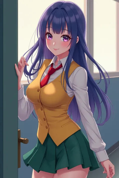 
 high quality ,sexy teen  girl , blue-purple long hair , girl １people,smile,school uniform, Green Mini Skirt, big breasts,Red tie, yellow vest , white Y shirt,