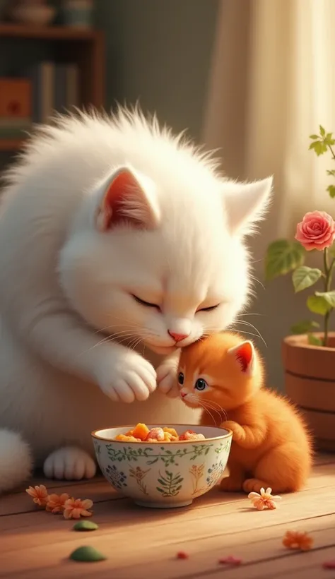 "A white male cat is feeding a small red kitten. The white cat is gently offering food from a small bowl to the kitten, and the kitten is happily eating. The surroundings are warm and cozy, the food bowl is beautifully designed, and the scene is filled wit...