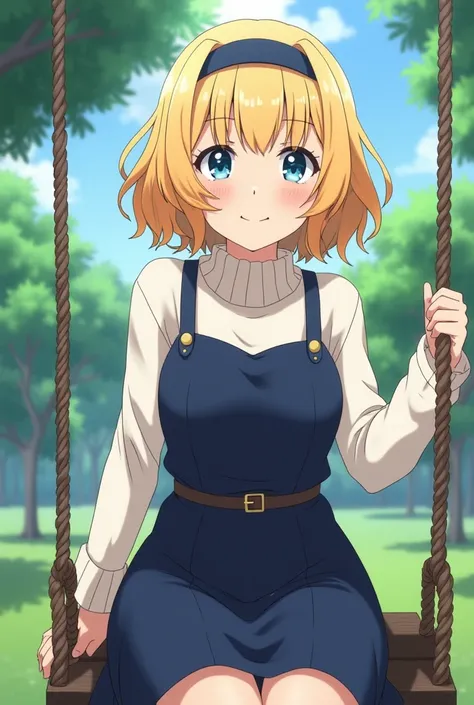 Screenshot of tokyo revengers, Girl with short blonde wavy hair ,  with straight bangs ,  has fighting light blue eyes and has a smiling expression while sitting on a swing in a park,  is dressed in a straight navy blue dress and belt on top with a white w...