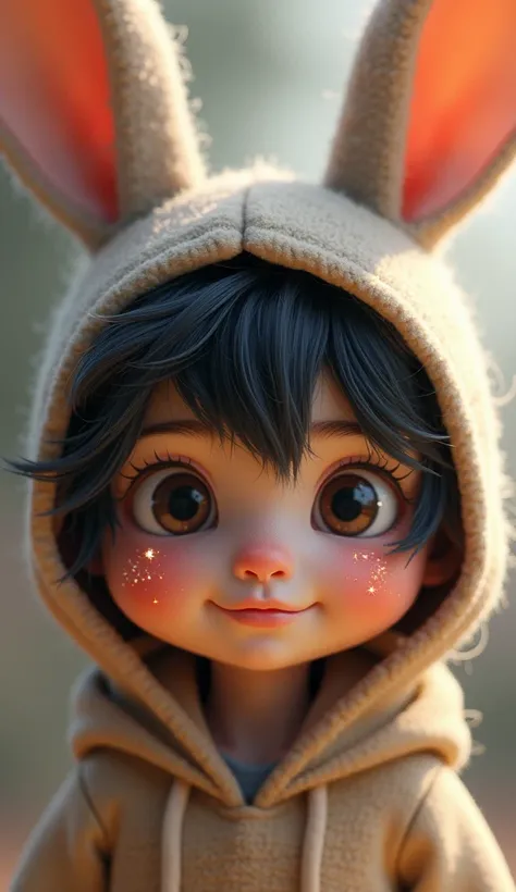 Little bunny boy in 3d illustration styleHigh Resolution, Blush, Smile, Black Hair, Hood, Rabbit Ears, Sparkle, Impressionism, Best Quality, Anatomically Correct, Masterpiece, Shiny Hair, Messy Hair, Nose Blush, Sparkling Eyes, Shy, First-Person View, 3D I...