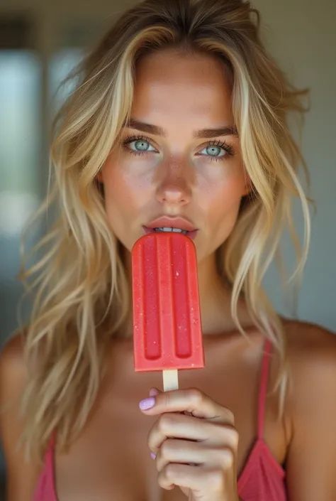 Realistic blonde girl sucking a popsicle seducing