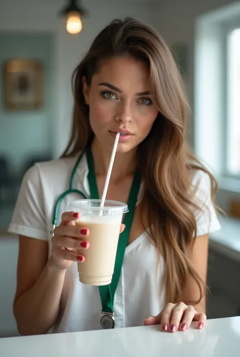 (( best quality)), (( masterpiece)), ( detailed), ( realistic image ),  A beautiful woman ,  Woman, 40 years, Super long flowing straight hair ,  holding a clear plastic Starbucks cup with milk half way inside the cup, The glass is smeared with milk on the...