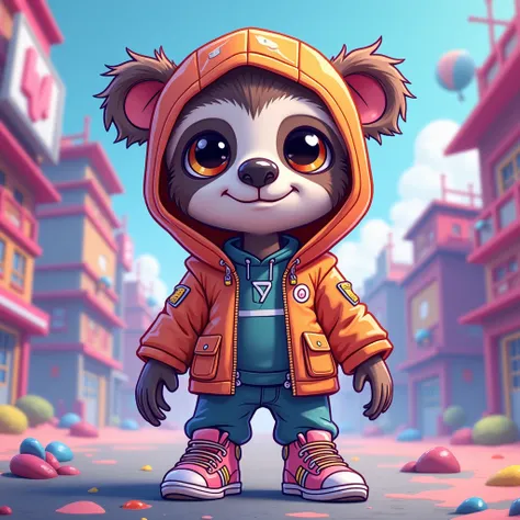 A sloth character named CyberLaze depicted in a unique art style blending cartoon, manga, Disney, and comics. CyberLaze has expressive, large eyes, a soft smile, and a charming, friendly demeanor. The character is dressed in a casual yet stylish outfit, fe...