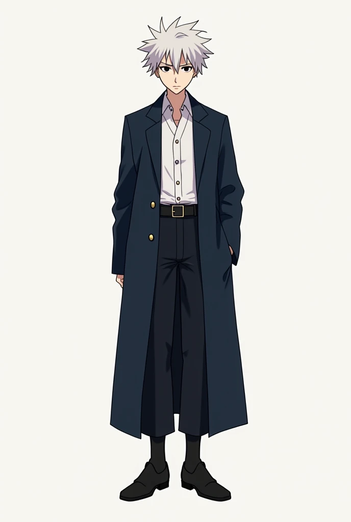 " Create a minimalist illustration of a character inspired by Jujutsu Kaisen,  with an emphasis on iconic clothes .  The character must be wearing a simple uniform ,  but elegant ,  with details in black and dark blue ,  plus minimalist design elements .  ...