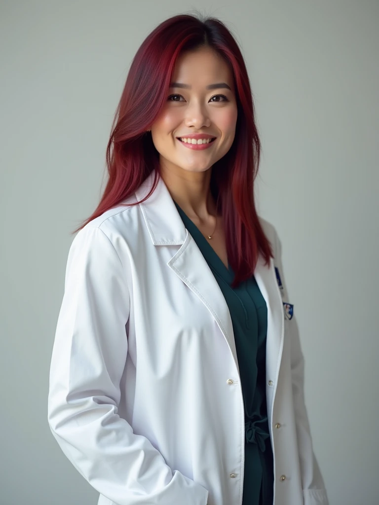 create professional images, realistic with a woman dressed in elegant clothes, lab coat, straight hair , side stripe, Burgundy colored hair,  red , smiling woman,  Oval face , medium body,  not so thin ,  a bit chubby