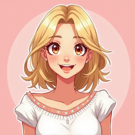 A cartoon manga-style illustration of a young woman inspired by the image provided. She has medium-length blonde hair, warm hazel eyes, and a radiant smile. The setting is light and cheerful, with a pink background to maintain a vibrant atmosphere. Her out...